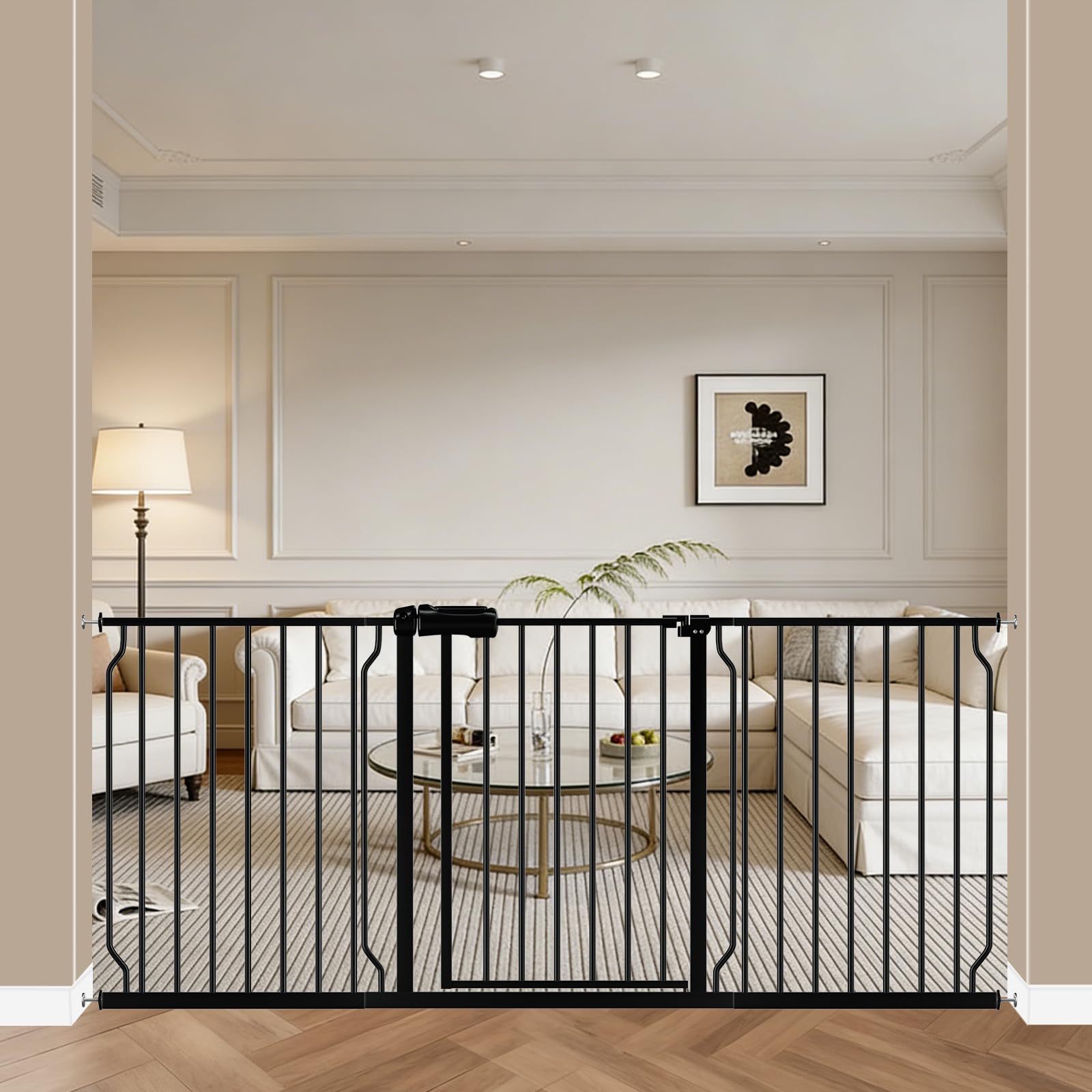WAOWAO Baby Gate 66.93-71.65" Extra Wide Pressure Mounted Walk Through Swing Auto Close Safety Black Metal Toddler Kids Child Dog Pet Puppy for Stairs,Doorways,Kitchen Image