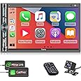 Double DIN CarPlay Multimedia Player, 7" HD Capacitive Touchscreen, Car Stereo with Backup Camera, Bluetooth, 16-Band EQ, Steering Wheel Controls, Mirror-Link, USB/SD Port, AM/FM Car Radio Receiver