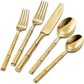 Flatasy Flatware Set Gold Silverware Set with Bamboo Pattern Mirror Polished 20 Pieces Cutlery Set Housewarming Wedding Gift Service for 4