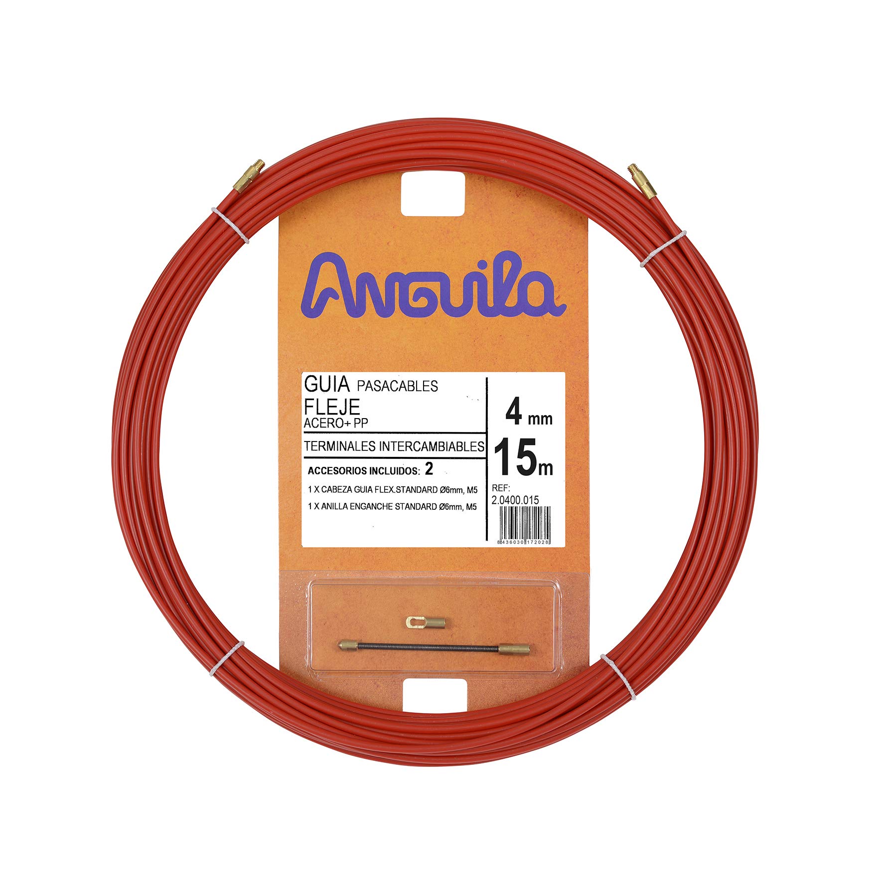 Anguila | Cable Guide | Interchangeable Terminals | Steel + Propylene Strapping | Red | Diameter 4 mm | 15 m