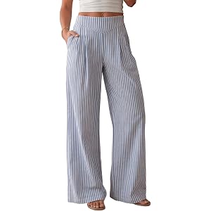 AKEWEI Women's Wide Leg Linen Pants Summer Casual Elastic Waist Long Lounge Travel Pants