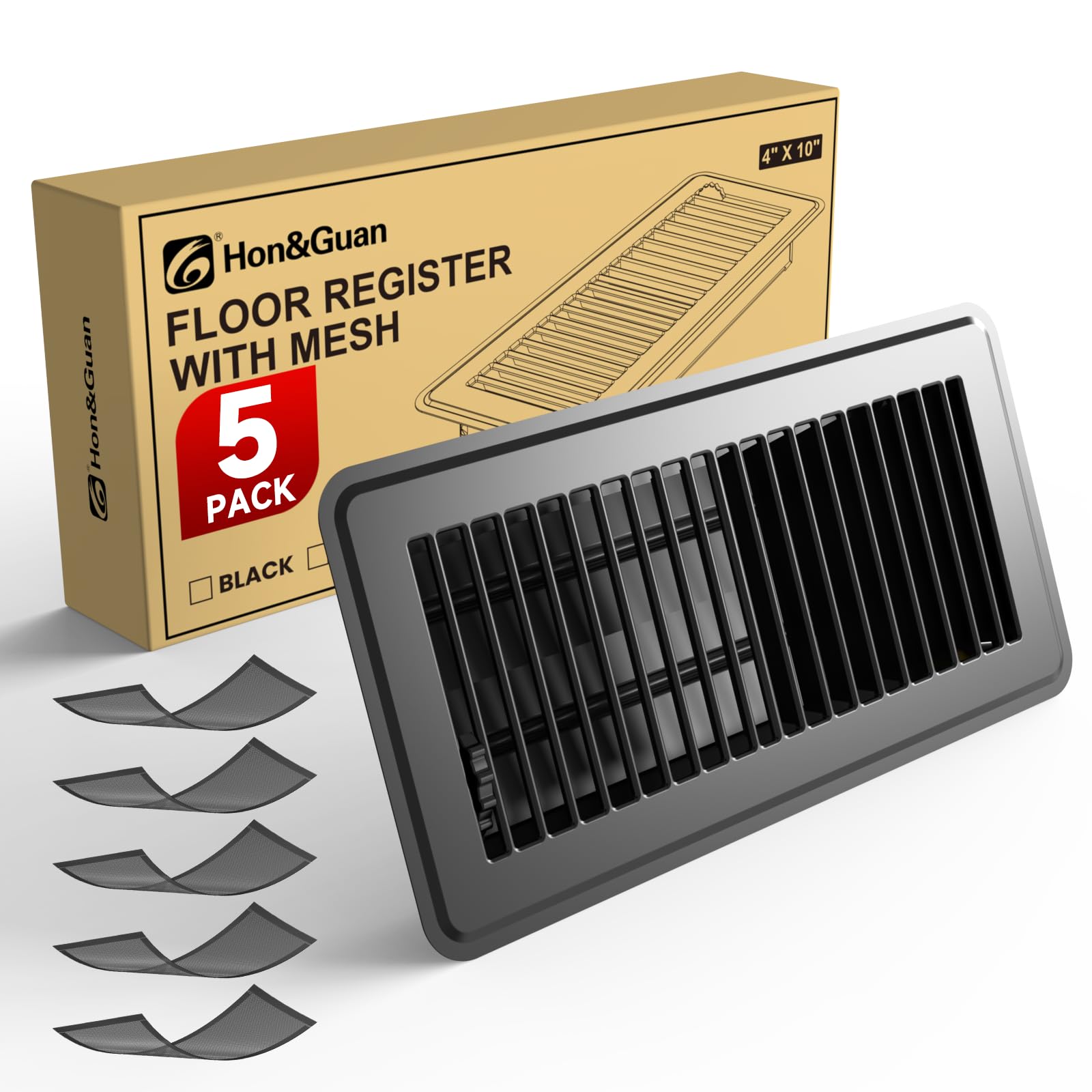 Photo 1 of Hon&Guan Floor Register 4x10 Inch, Heavy Duty Walkable Floor Vent Easy Adjust Air Vent Covers for Home Floor, Rust Proof Finish Registers with 5PCS Magnetic Vent Mesh, Black, 5PCS