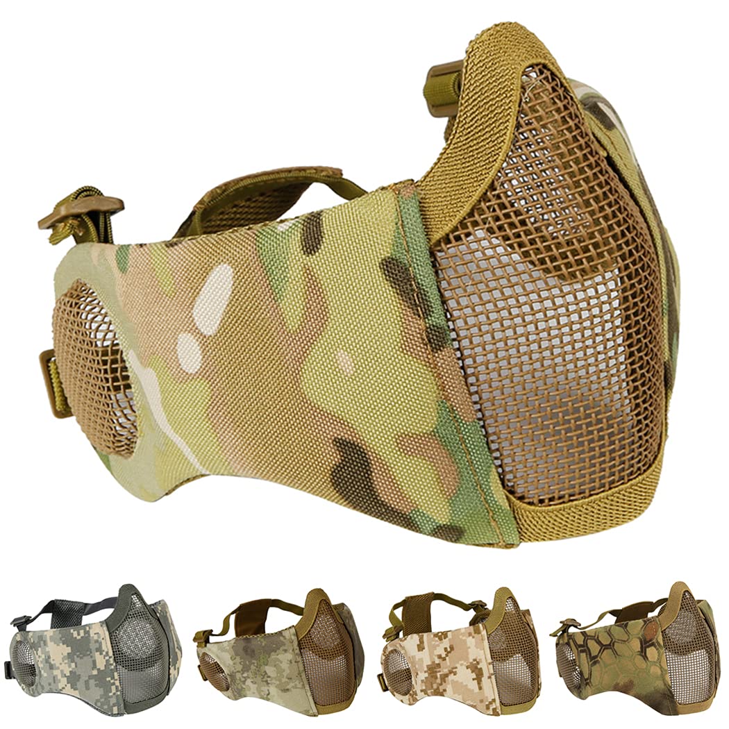 AOUTACC Foldable Airsoft Mask,Half Face Mesh Masks with Ear Protection for Cs War Game, BB Gun,Hunting,Paintball (CP)
