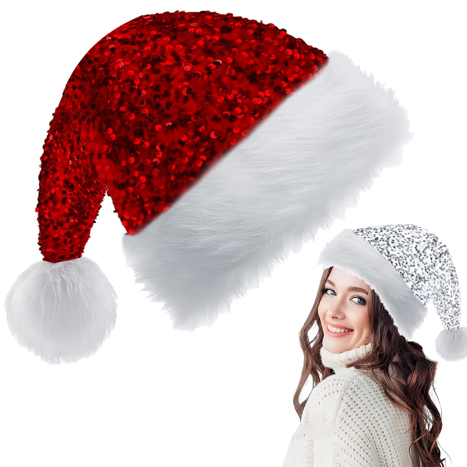 Red Santa Claus Hat 35*45cm for Adults, Kids - Shiny Sequin Xmas Plush Cap, Unisex Velvet Christmas Costume for Holiday, New Year Party Gift