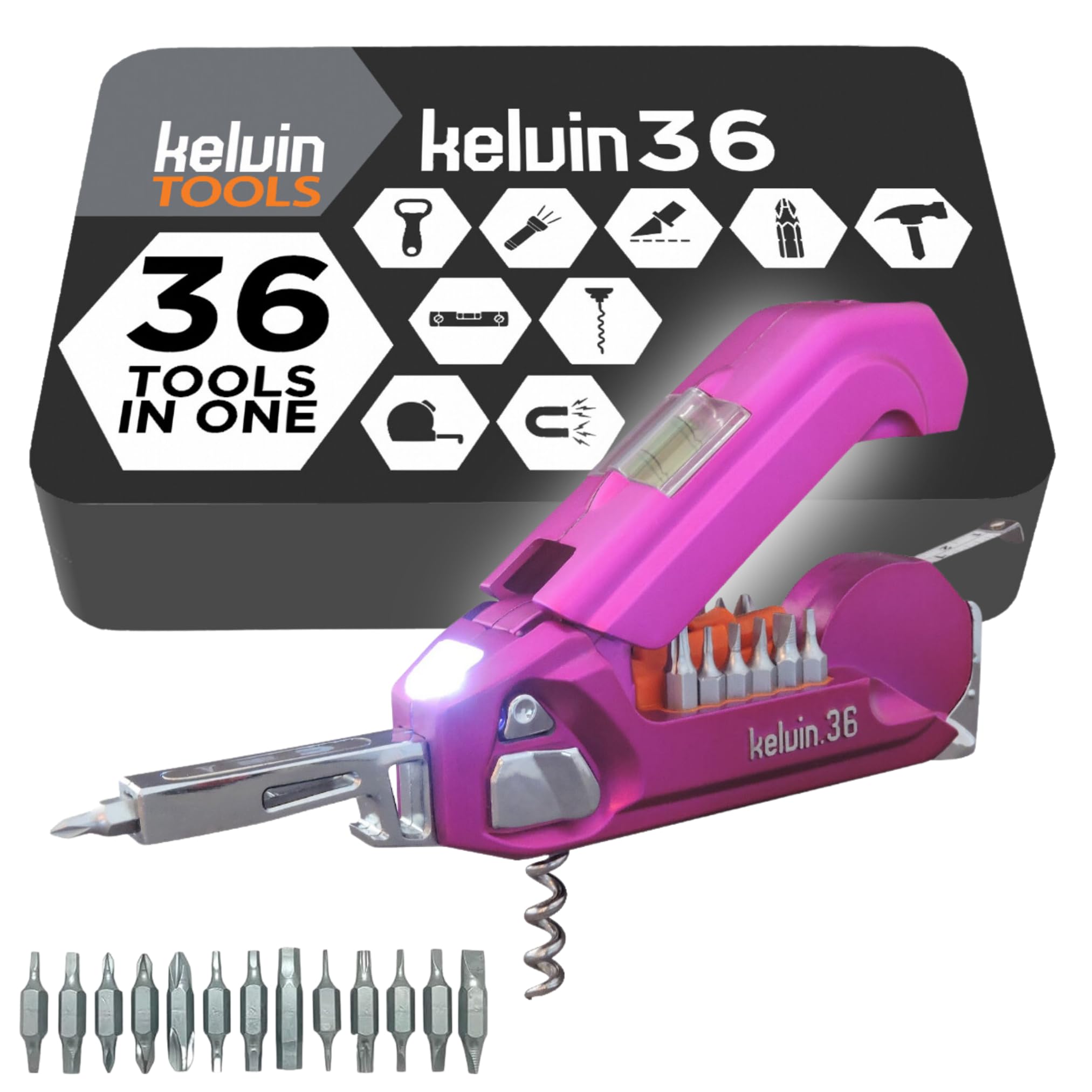 Kelvin Tools - Kelvin 36 Urban Multi Tool Screwdriver Set - All in One Hand Tool with 26 Interchangeable Bits, Tape Measure, Liquid Level, Hammer, Flashlight, Corkscrew and Magnetic Tip โ image 1