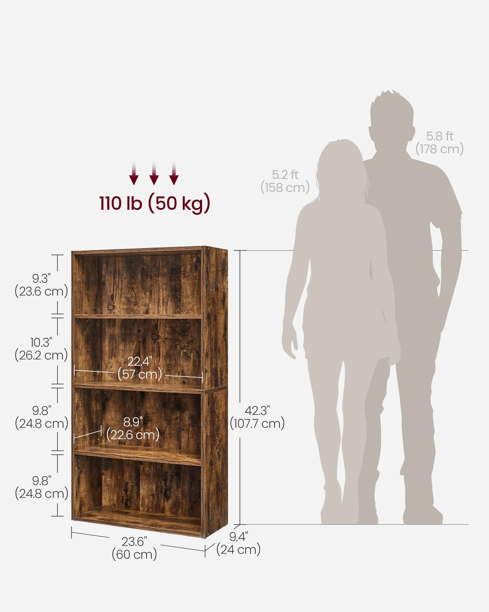 VASAGLE CUSTOS Collection - Bookshelf, 4-Tier Bookcase, Book Shelf, Open Storage Shelf, 9.4 x 23.6 x 42.4 Inches, for Living Room, Home Office, Dinning Room, Rustic Brown ULBC164X01