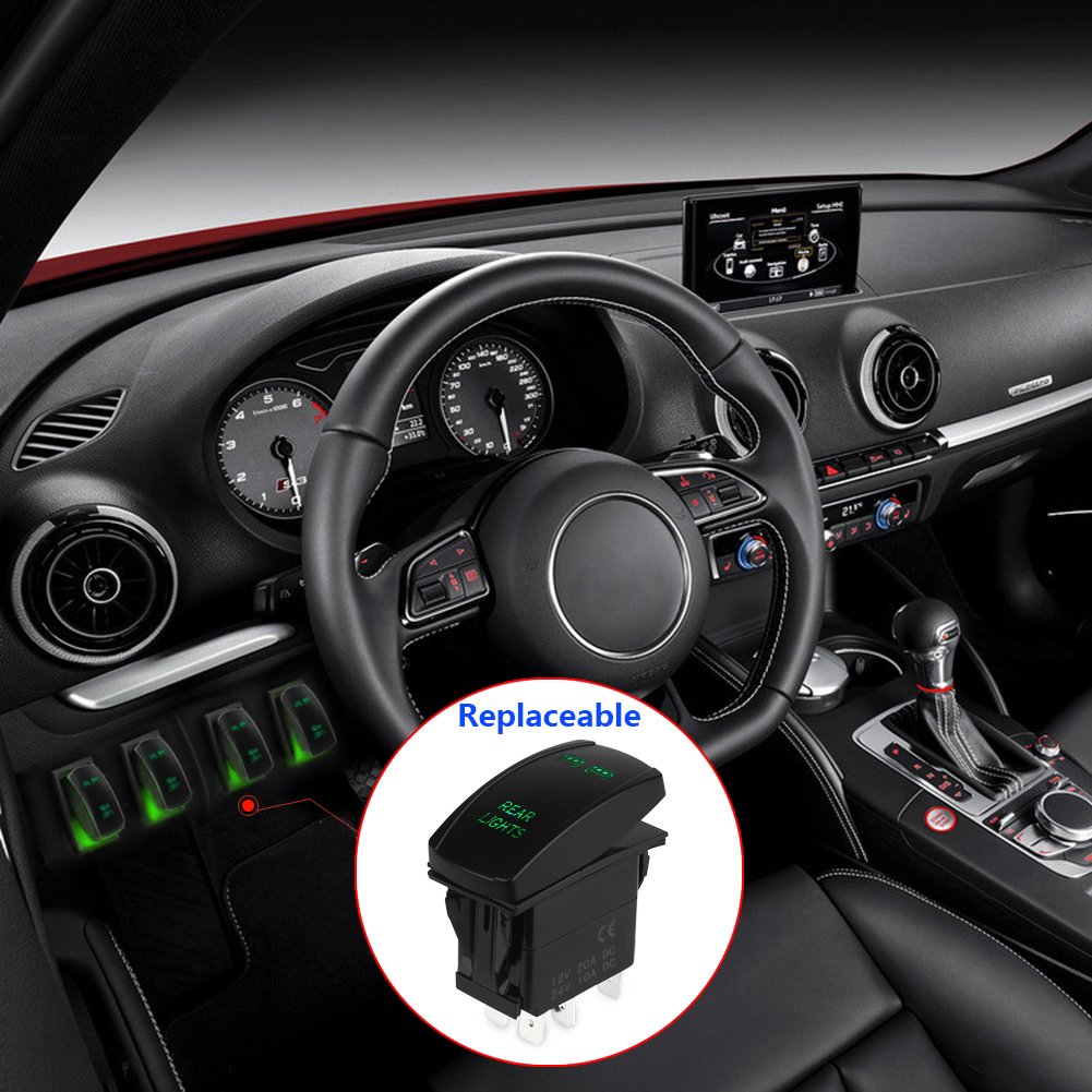 WATERWICH 5 Pin Rear Lights Illuminated Rocker Toggle Switch Waterproof with Jumper Wires Set DC 20A 12V/10A 24V Black Shell/ON-Off SPST Rocker Switch for Auto Truck Boat Marine RV Off Road