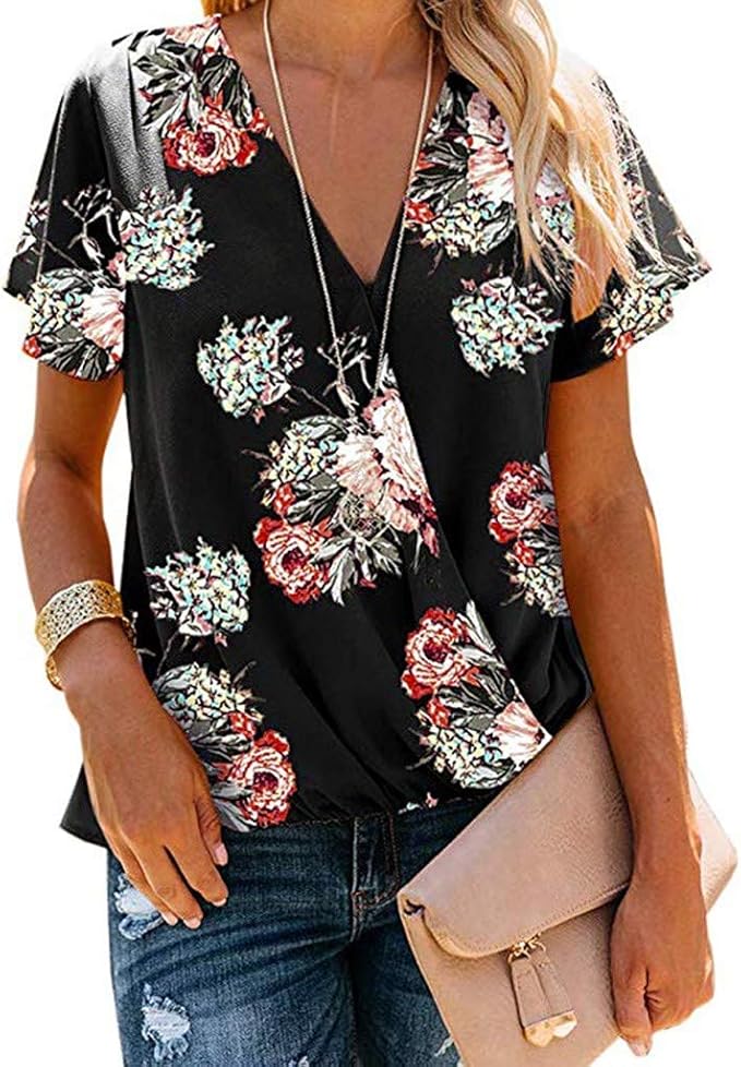 Clearance Sale! Women's Blouse V Neck Floral Print Short Sleeve Loose