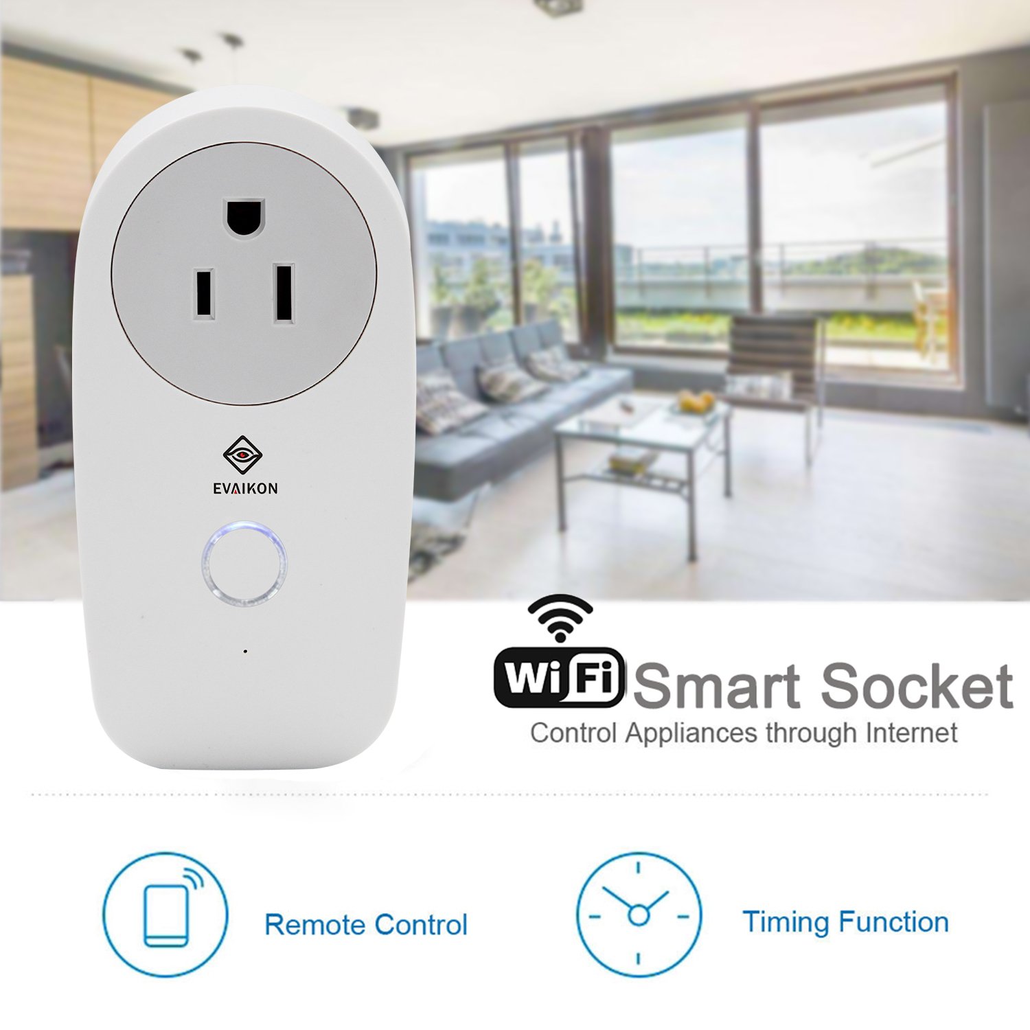 Smart Wireless WiFi Plug Socket - EVAIKON Plug Remotely Control Electrical Digital Power Timer Switch ON/OFF,Compatible with Alexa and Google home,No Hub Required,controled by Android/iOS Devices