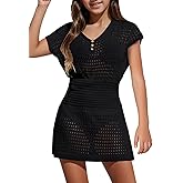 CharmWM Girls Summer Crochet Swim Beach Cover Up Button Elastic Waist Beach Dress 5-14 Years