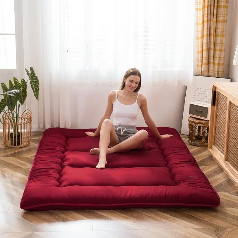 MAXYOYO Futon Mattress King Size 8-10cm Memory Foam Floor Mattress Burgundy