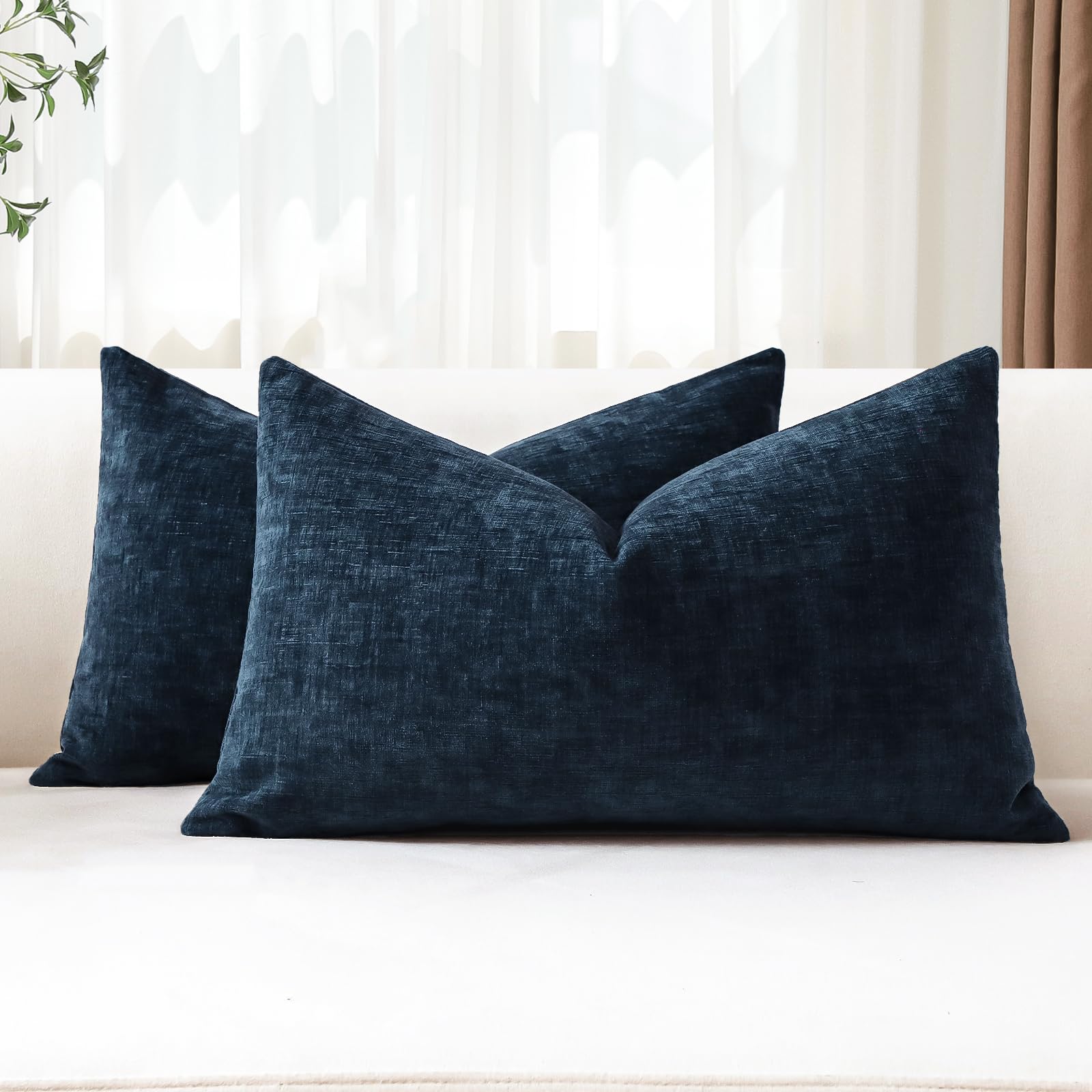 JOTOM Set of 2 Cushion Covers 30x50 cm Soft Chenille Navy Blue Decorative Throw Pillow Covers 12x20 Inch Lumbar Cushion Case Solid Pillowcases for Couch Sofa Living Room Bed Home Decor (Navy Blue)
