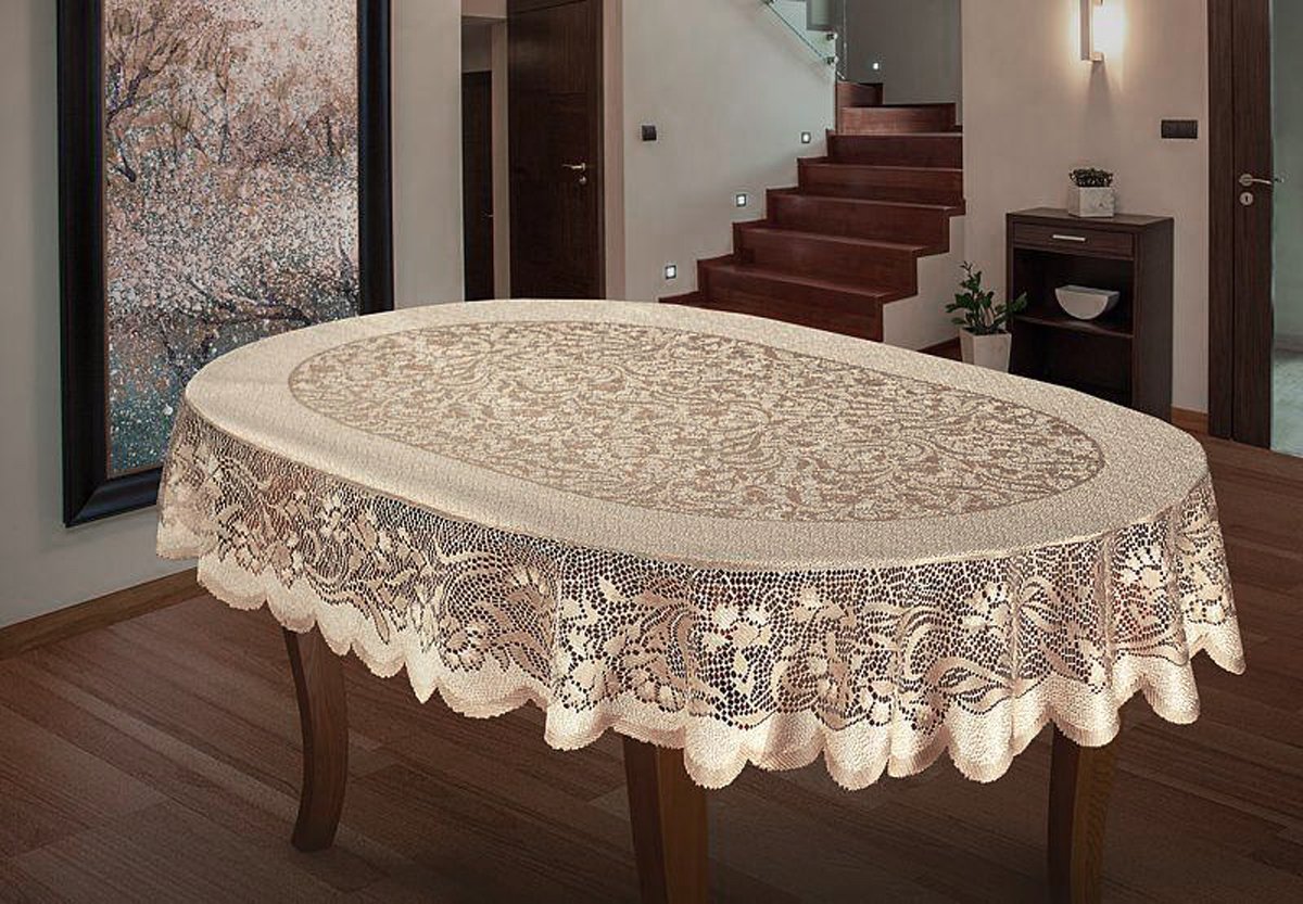 MforStyle Oval Tablecloth Heavy Lace Cream Golden Beige Large Premium Quality 55"x95" (140x241cm)