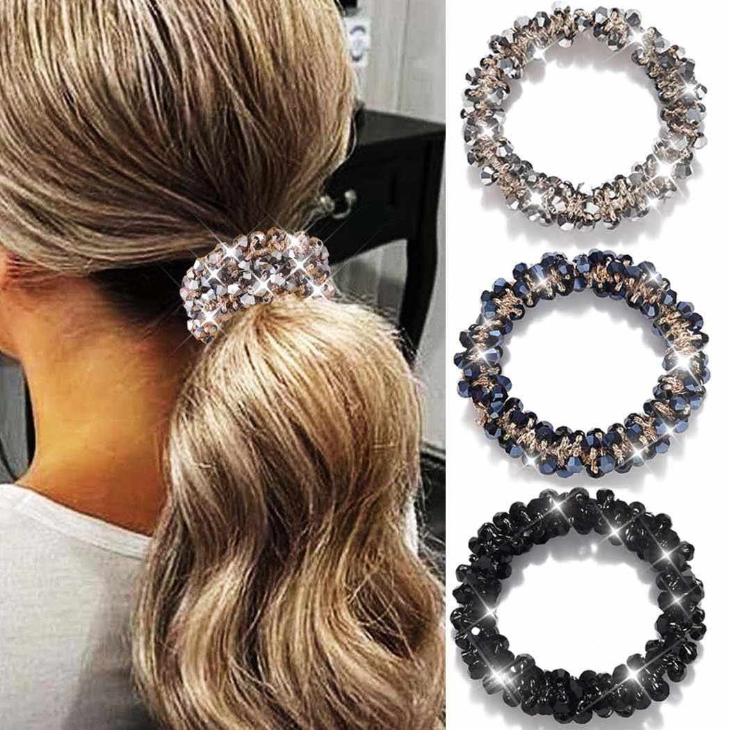 Reaky Rhinestone Hair Ties Black Ponytail Holder Fancy Hair Scrunchies Decorative Hair Accessories for Women (black, silver, blue)