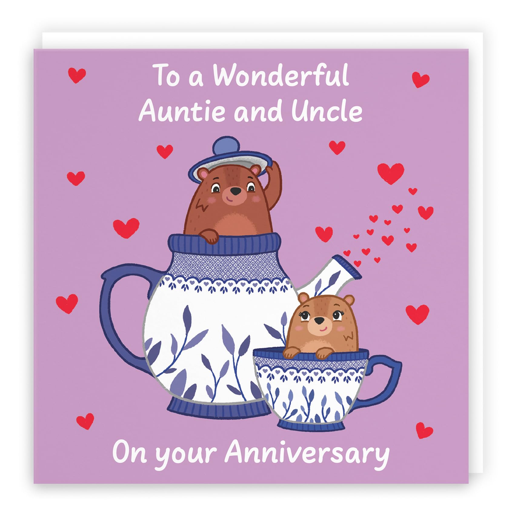 Hunts England - Cute Teapot Auntie And Uncle Anniversary Card - Fun Bears Anniversary Card - Love Story Collection