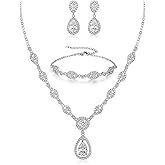 BriLove Wedding Bridal Jewelry Set for Women Cubic Zirconia Teardrop Y-Necklace Link Bracelet Dangle Earrings for Party Prom Accessories
