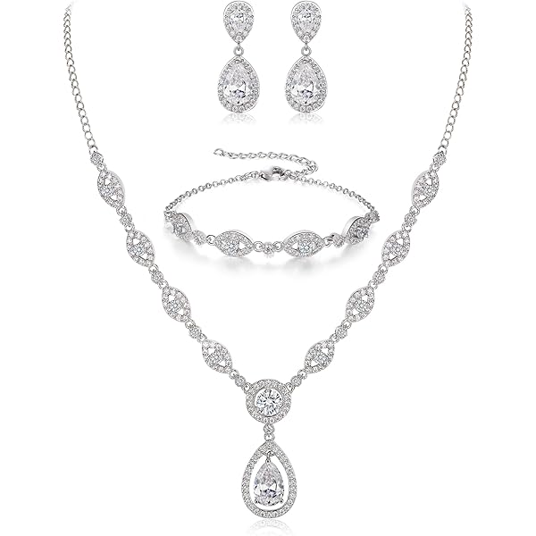 BriLove Women's Wedding Jewelry Set - Y-Necklace & Dangle Earrings With CZ Crystal Teardrop Infinity Design