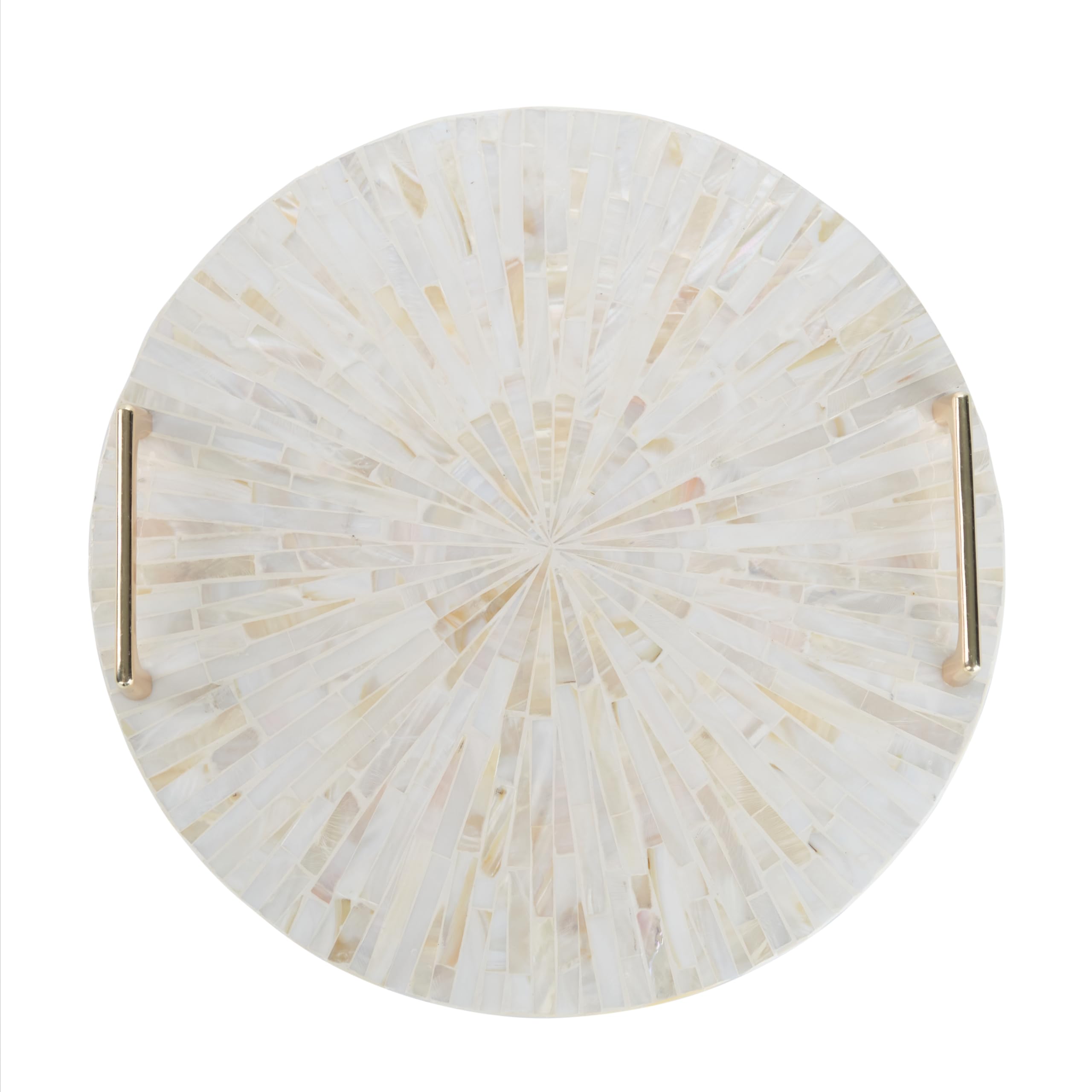 Photo 1 of PEMAR Mother of Pearl Decorative Tray, 13" Round Display & Serving Tray with Gold Handles, Vanity/Perfume/Trinket Catchall for Dresser, Bathroom, Vanity Table (White Cream Sunlight Starburst Pattern)