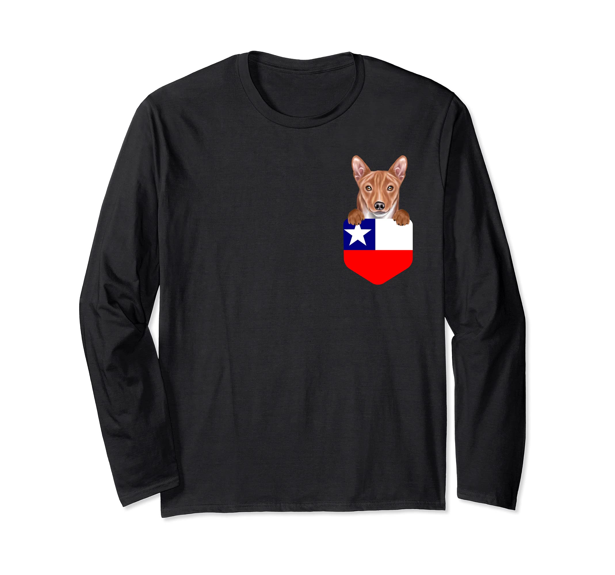 Chile Flag Basenji Dog In Pocket Long Sleeve T-Shirt