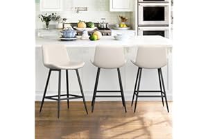Cozyman 24 inch Counter Stool, Modern Bucket Barstool Set of 3, Barstools with Back and Footrest, Faux Leather Bar Stools for Kitchen Island Restaurants, Antique White