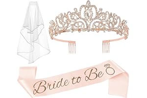 JETKONG 3 Pcs Bachelorette Party Decorations Bridal Shower Crown, Bride to Be Sash&Veil for Women Bachelorette Party Gifts, Bachelorette Party Supplies, Gifts, Favors (Rose Gold)