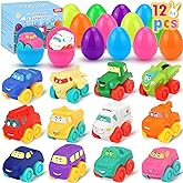 Prefilled Easter Eggs with Toy Cars: 12Pcs Filled Easter Eggs with Soft Rubber Car Toys, Easter Basket Stuffers for Baby Toddlers Kids Bath Toys Vehicles, Easter Eggs Fillers Hunts Party Favors Gifts