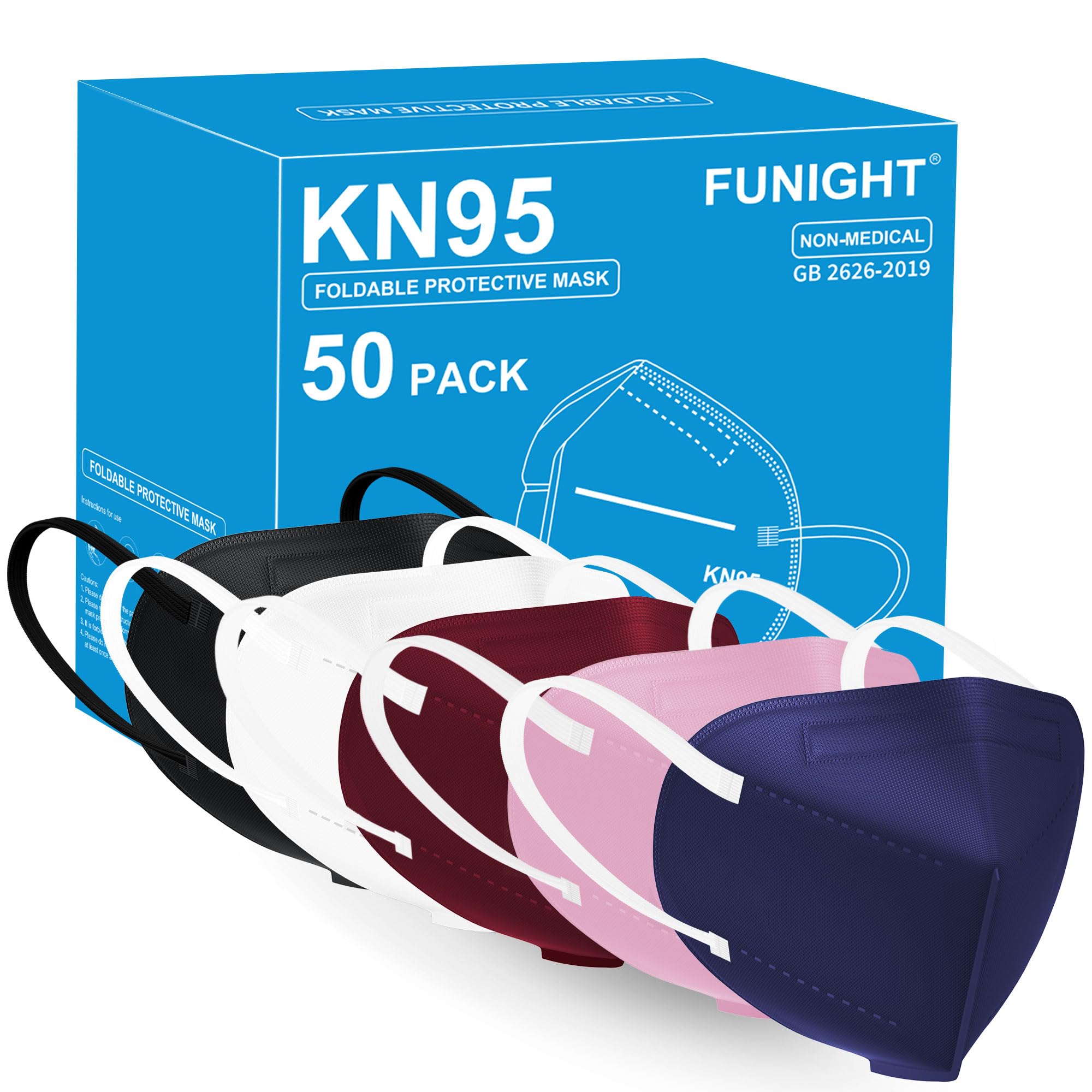 Funight KN95 Face Mask 5-Ply Breathable Filter Efficiency≥95% Protective Cup Dust Disposable Masks Against PM2.5 Multicolor 50 Pack