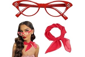 HIYMDOIT 50's Costume Accessories Set for Women 1950s Vintage Chiffon Neck Scarf Rhinestone Cat Eye Glasses for Cosplay Party