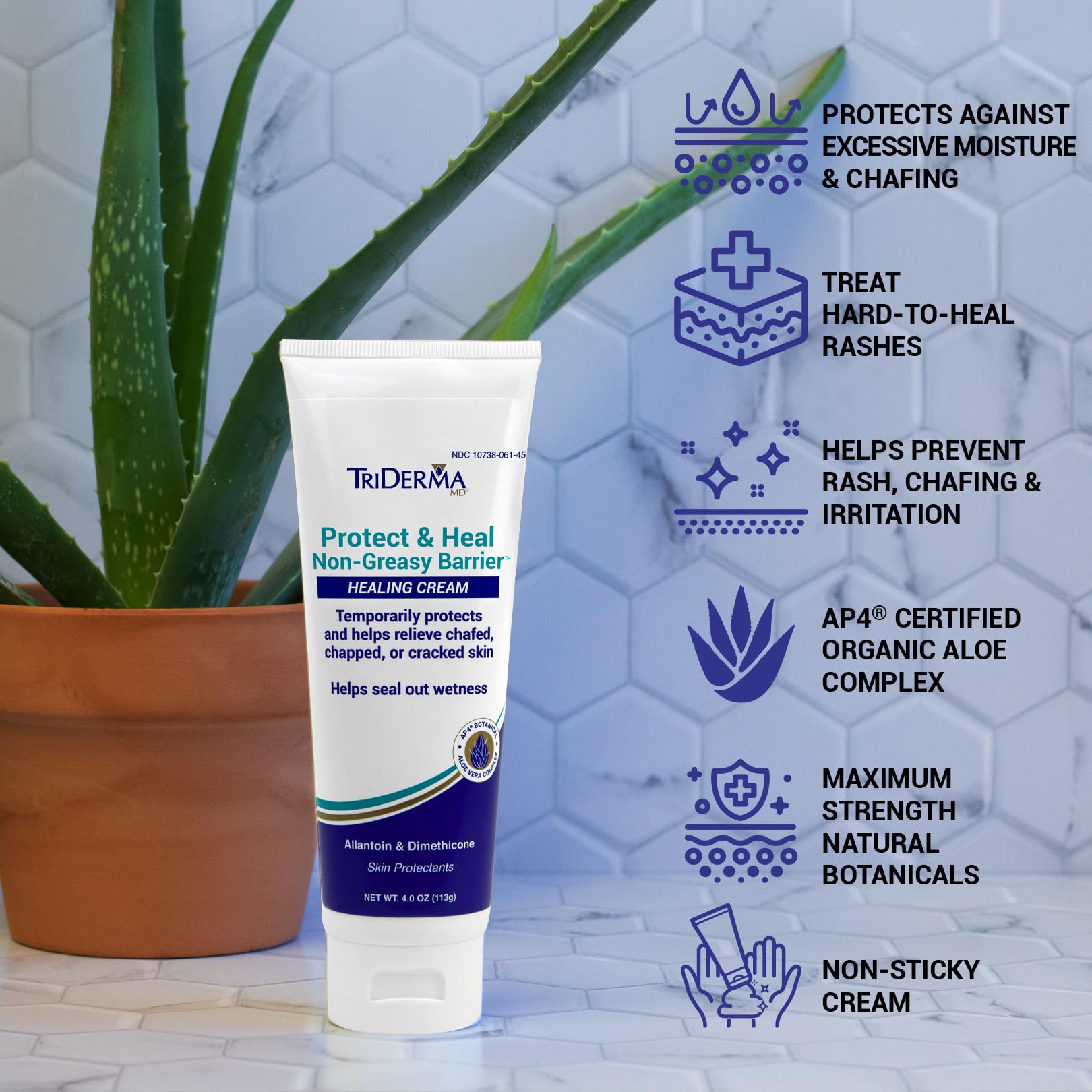 TriDerma Protect & Heal Non-Greasy Moisture Barrier Skin Protectant Incontinence Cream for Adult Diaper Rash, Chafing, Redness, Sensitive Skin with Dimethicone, Aloe Vera, FSA Eligible 4 oz