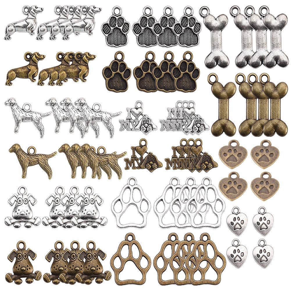 SUNNYCLUE 64pcs 16 Styles Pet Dog Puppy Paw Print Metal Footprint Animal Pendant Charm for DIY Necklace Bracelet Earring Jewellery Making,Antique Bronze & Antique Silver