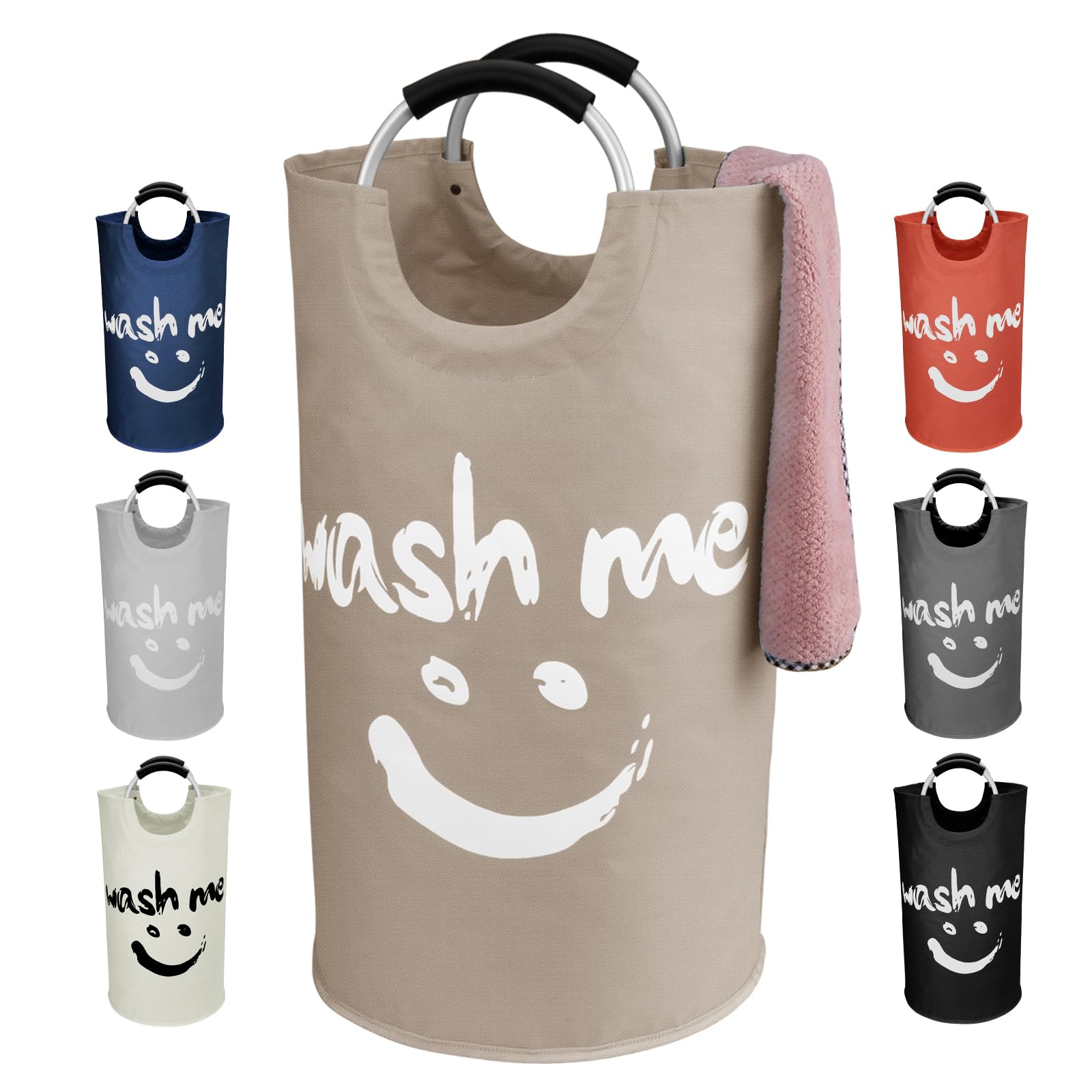 IHOMAGIC Collapsible Laundry Bin 115L, Oxford Fabric Laundry Hamper with Comfortable Handle, Smiley Laundry Basket Washing Bin Clothes Organizer for Living room, Camping, Indoor or Outdoor, Khaki