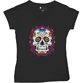 Floral Sugar Skull Day of The Dead V-Neck T-Shirt Dia de Los Muertos Calavera