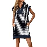 Wenrine Womens Striped Mini Dress Casual Zipper Cap Sleeve Collared V Neck Loose Knit Summer Dresses