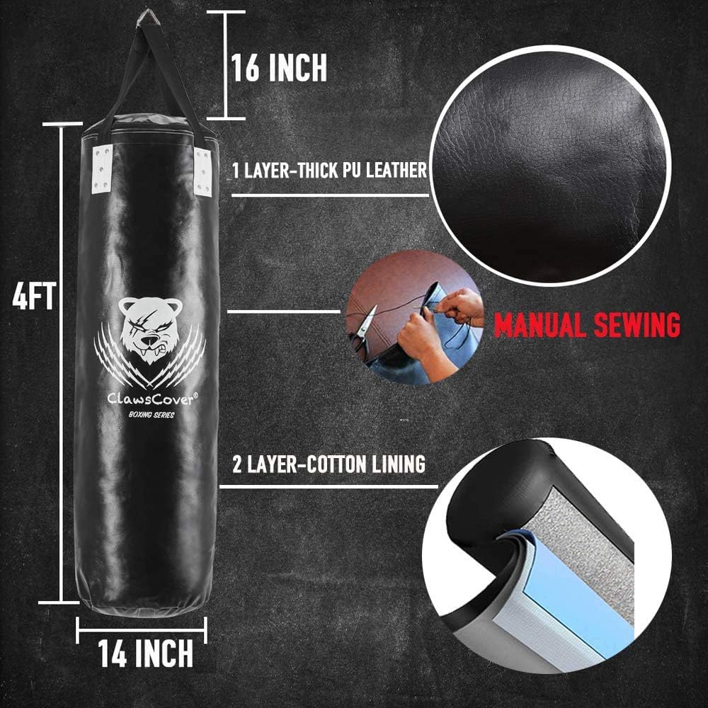 ClawsCover 4FT Heavy Punching Bag Boxing UNFILLED Premium PU Leather Hanging Kickboxing Bags Banana Bag for MMA Muay Thai Martial Arts Taekwondo Workout Training Fitness, Black : Sports & Outdoors