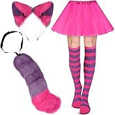 Eurzom Halloween Pink and Purple Striped Cat Costume for Women Purple Cat Ears Headwear Striped Furry Tail Thigh High Socks Tutu Tulle Petticoat for Cosplay Accessories