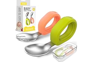 Yimido Toddler Utensils - Baby Forks and Spoons Set - Kids Stainless Steel Silverware - Children Safe - Self Feeding - Dishwasher Safe (Orange + Green)