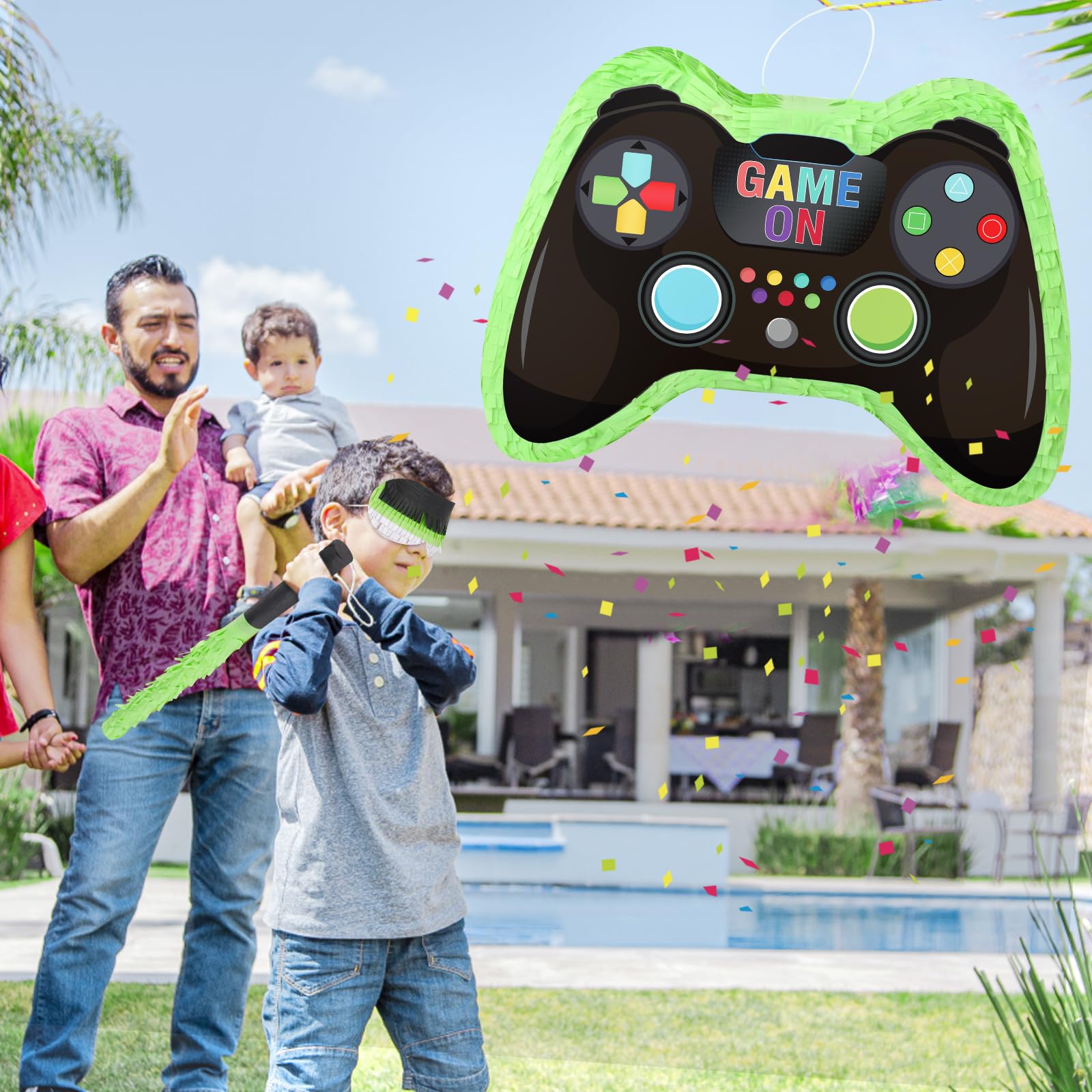 Video Game Controller Pinata with Blindfold and Stick Large Pinata Game Party Supplies for Kids Boy Gaming Theme Birthday Party Supplies Carnival Activity Decorations