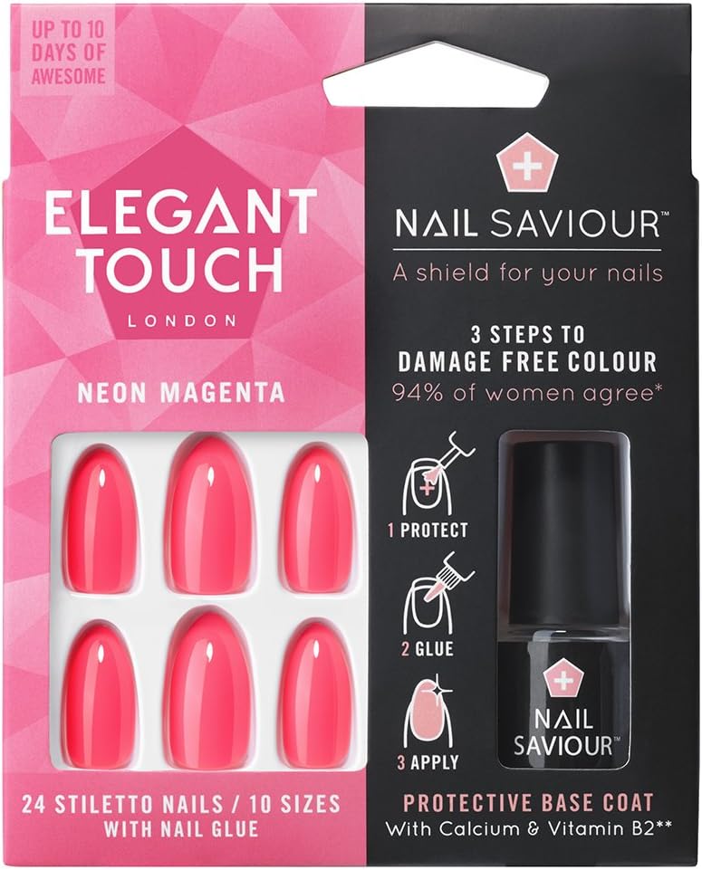 Elegant Touch Nails with Nail Saviour - Neon Magenta X [Amazon Exclusive]