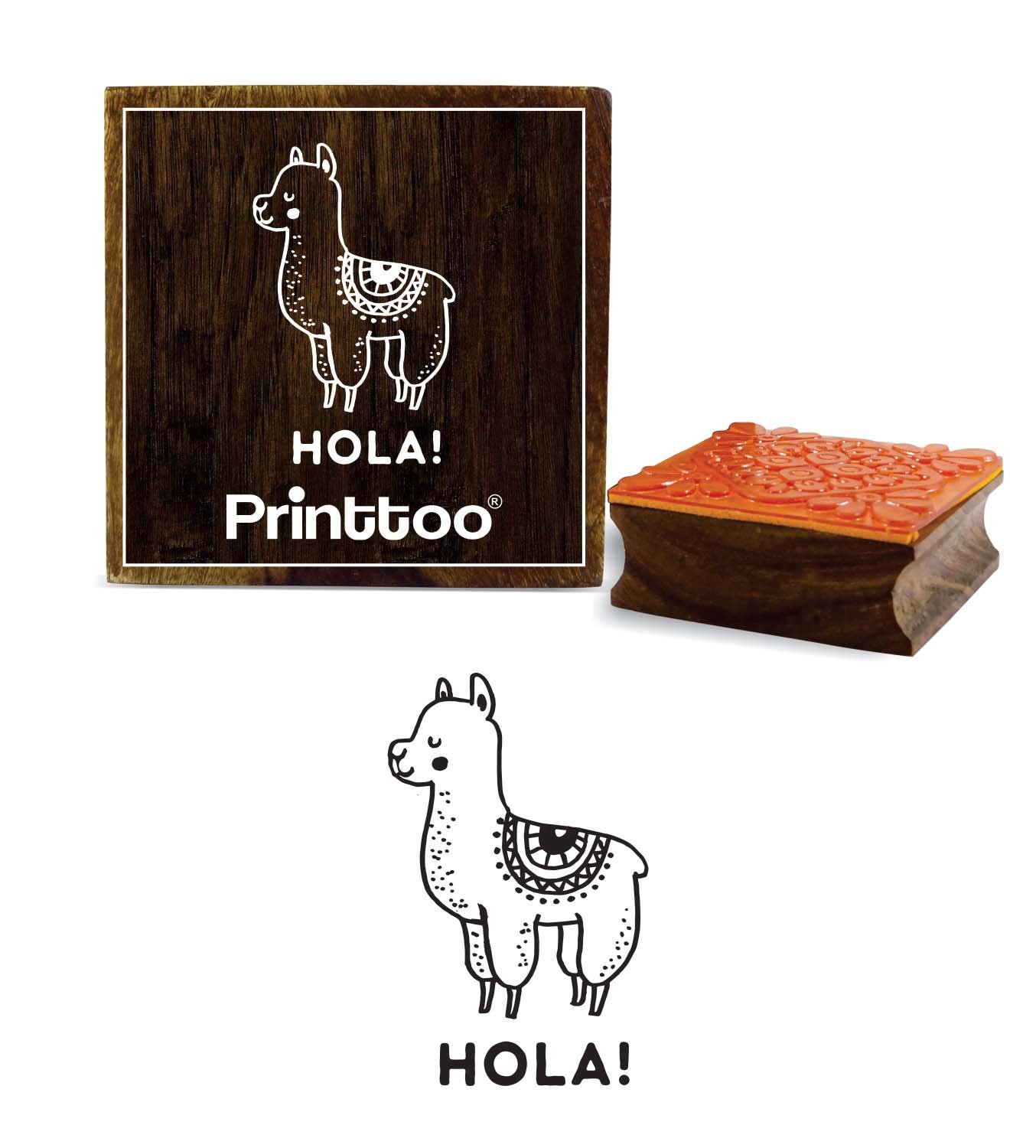 Printtoo Llama Animal & Hola Word Design Square Wooden Rubber Stamp Diary Card-2 x 2 Inches