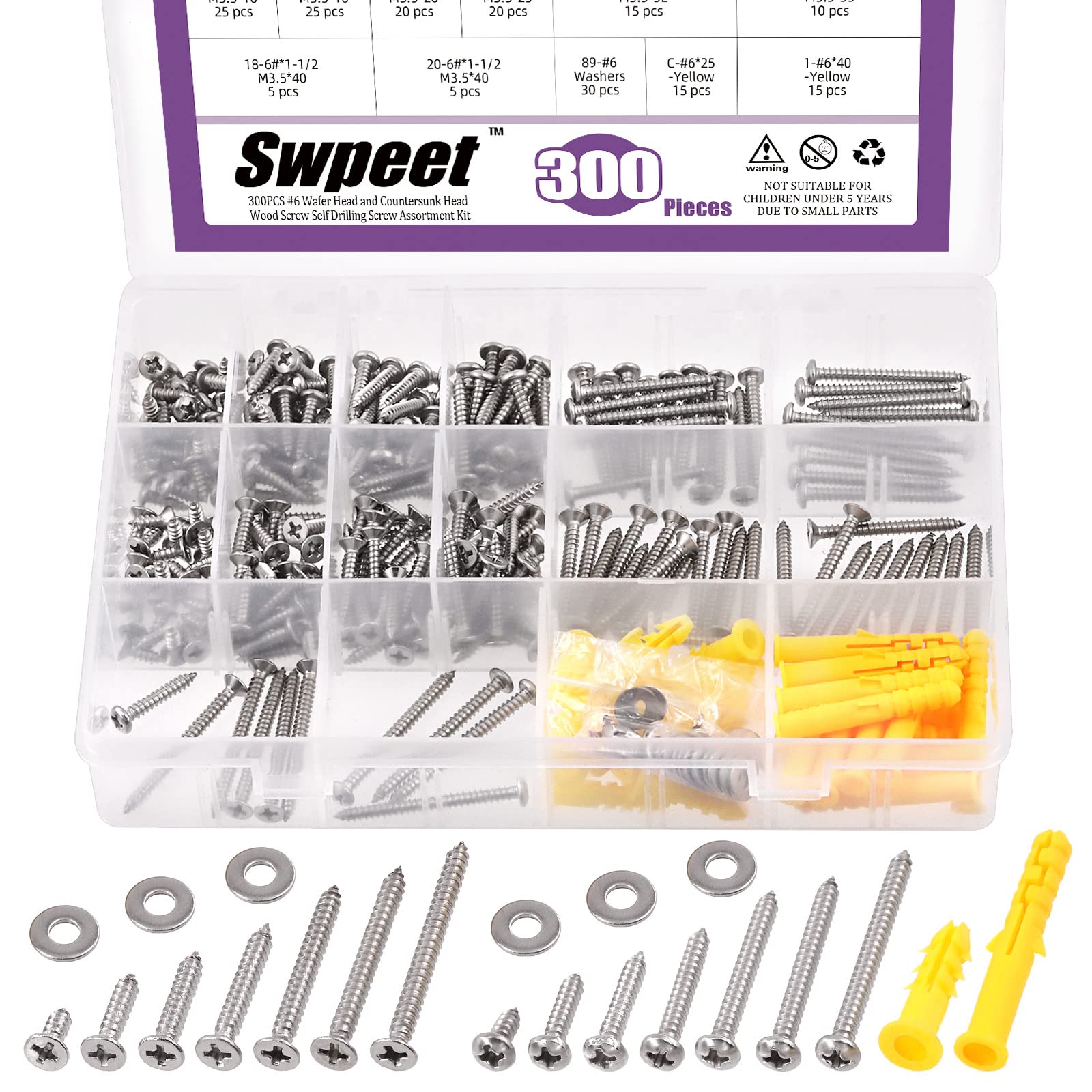 Swpeet 300Pcs Stainless Steel Flat Head and Pan Head Self Tapping Screws - #6x 3/8" to 1-1/2" - For Drywall, Wood, Sheet Metal - With Flat Washers and Anchor