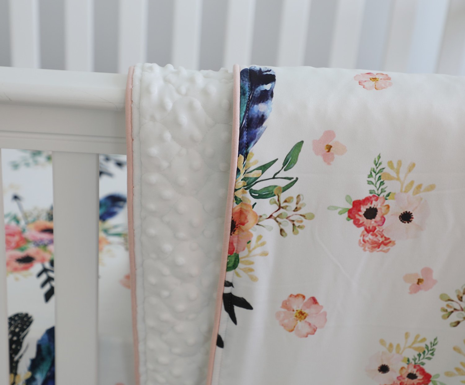 Boho Coral Feather Floral Ruffle Baby Minky Blanket Peach Floral Nursery Crib Skirt Set Baby Girl Crib Bedding Feather Blanket (Feather Floral 3pc Set) : Baby