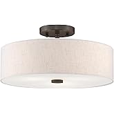 Livex Lighting 52135-92 Meridian Collection 3-Light Semi Flush Mount Ceiling Fixture with Oatmeal Color Fabric Hardback Drum 
