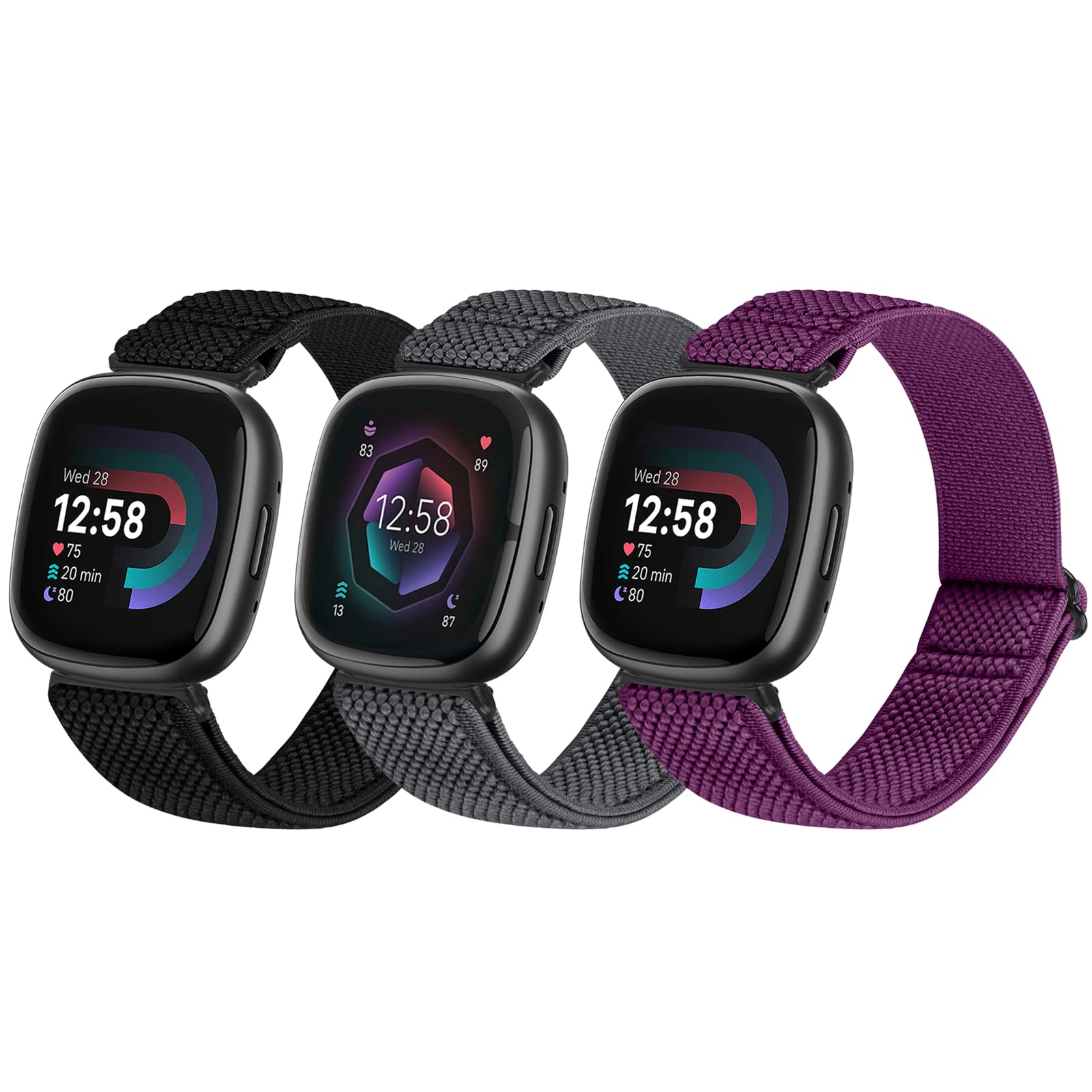 SHIJZWD 3 Pack Elastic Watch Strap Compatible with Fitbit Versa 4/3, Soft Breathable Nylon Sports Loop Band, Stretchy Adjustable Replacement Wristband for Women & Men