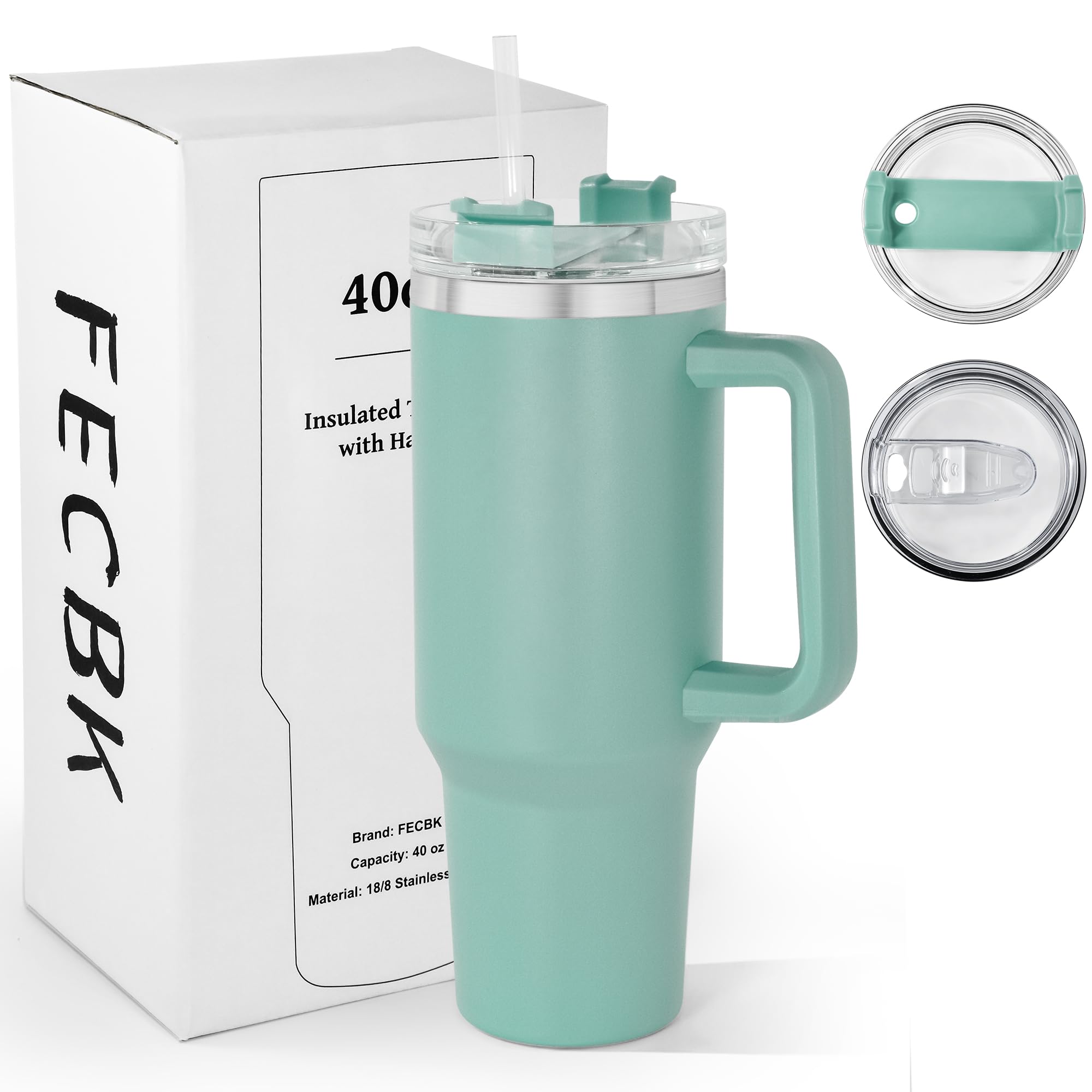 FECBK 40oz Tumbler with Straw and Lid 1.2L, 100% Leak-Proof Travel Mug with Handle, Stainless Steel Vacuum Insulated Water Bottle Coffee Cup Keeps Cold 34H / Hot 12H, Teal