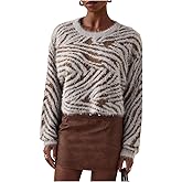 MakeMeChic Women's Zebra Striped Fuzzy Sweater Long Sleeve Crew Neck Winter Crop Tops