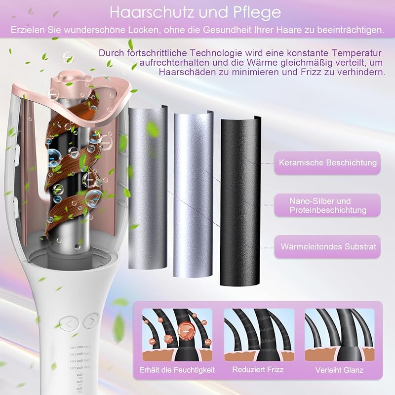 Rizador de Pelo Automatico,con Protección Anti-Quemaduras, Ajuste de Temperatura y Tiempo, Antienredos, para Todo Tipo de Cabello, Ondas Estilo Salón,(Blanco) — foto 4 de 8