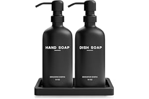 Black Glass Hand and Dish Soap Dispenser Set by Brighter Barns - Kitchen Soap Dispenser Set with Tray for Home, Airbnb, Vacation Rental, Gift - Minimalist Home Decor, Modern Kitchen Decor (Black)