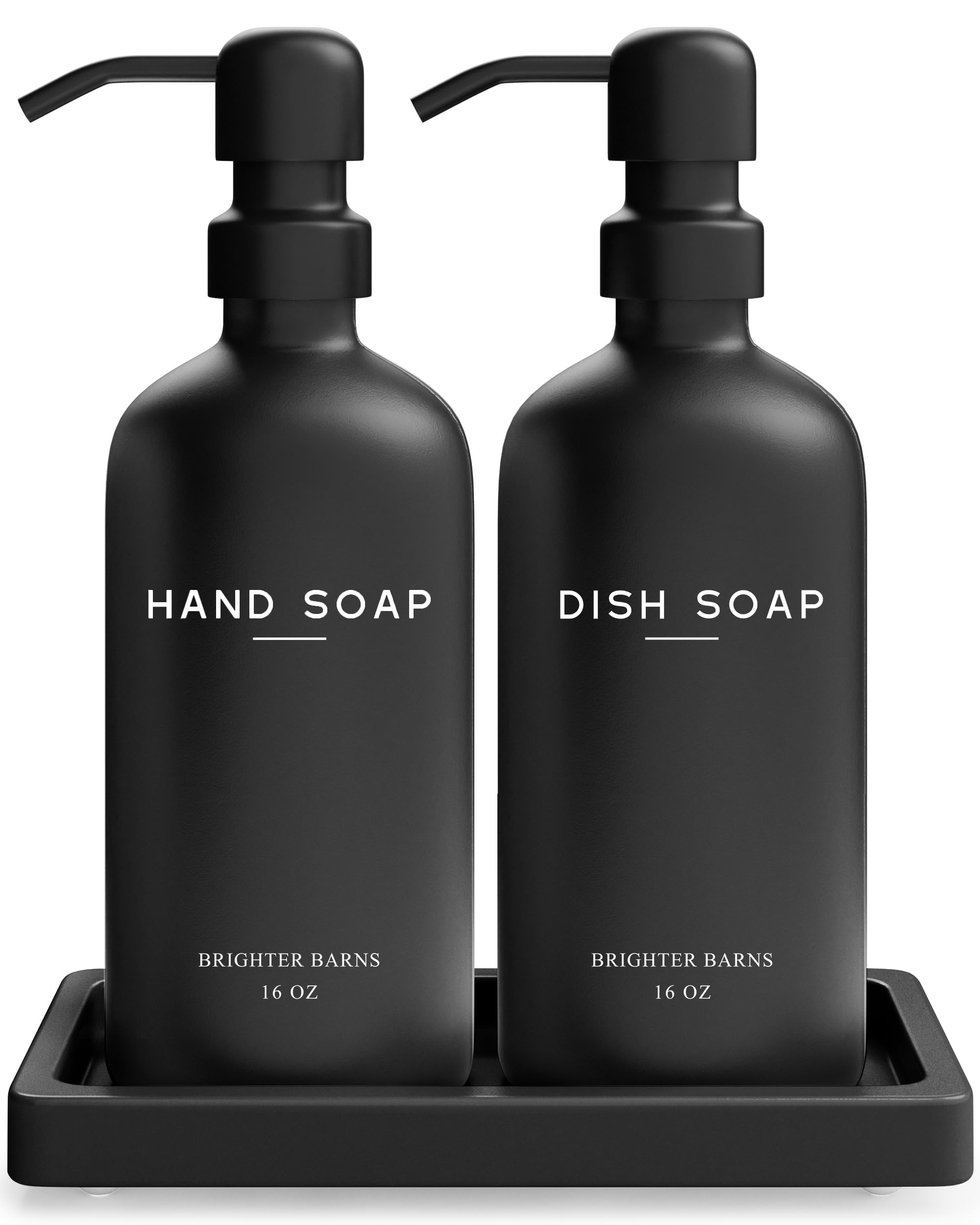 Photo 1 of Black Glass Hand and Dish Soap Dispenser Set by Brighter Barns - Kitchen Soap Dispenser Set with Tray for Home, Airbnb, Vacation Rental, Gift - Minimalist Home Decor, Modern Kitchen Decor (Black)