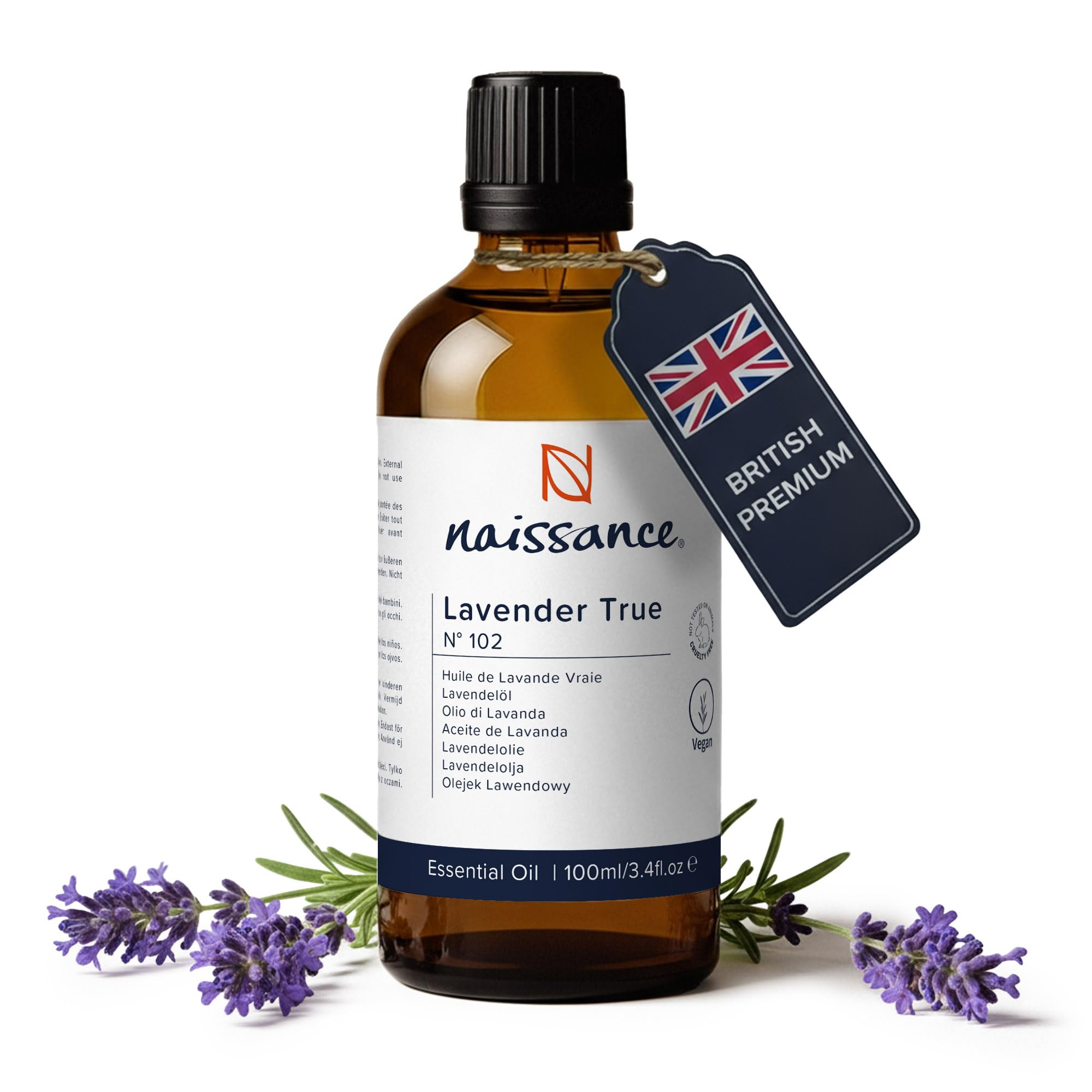 Naissance True Lavender Essential Oil (No. 102) 100ml - Pure, Natural, Cruelty Free, Vegan, Steam Distilled and Undiluted - Relaxing & Soothing - for Diffusers, Aromatherapy & Massage Blends
