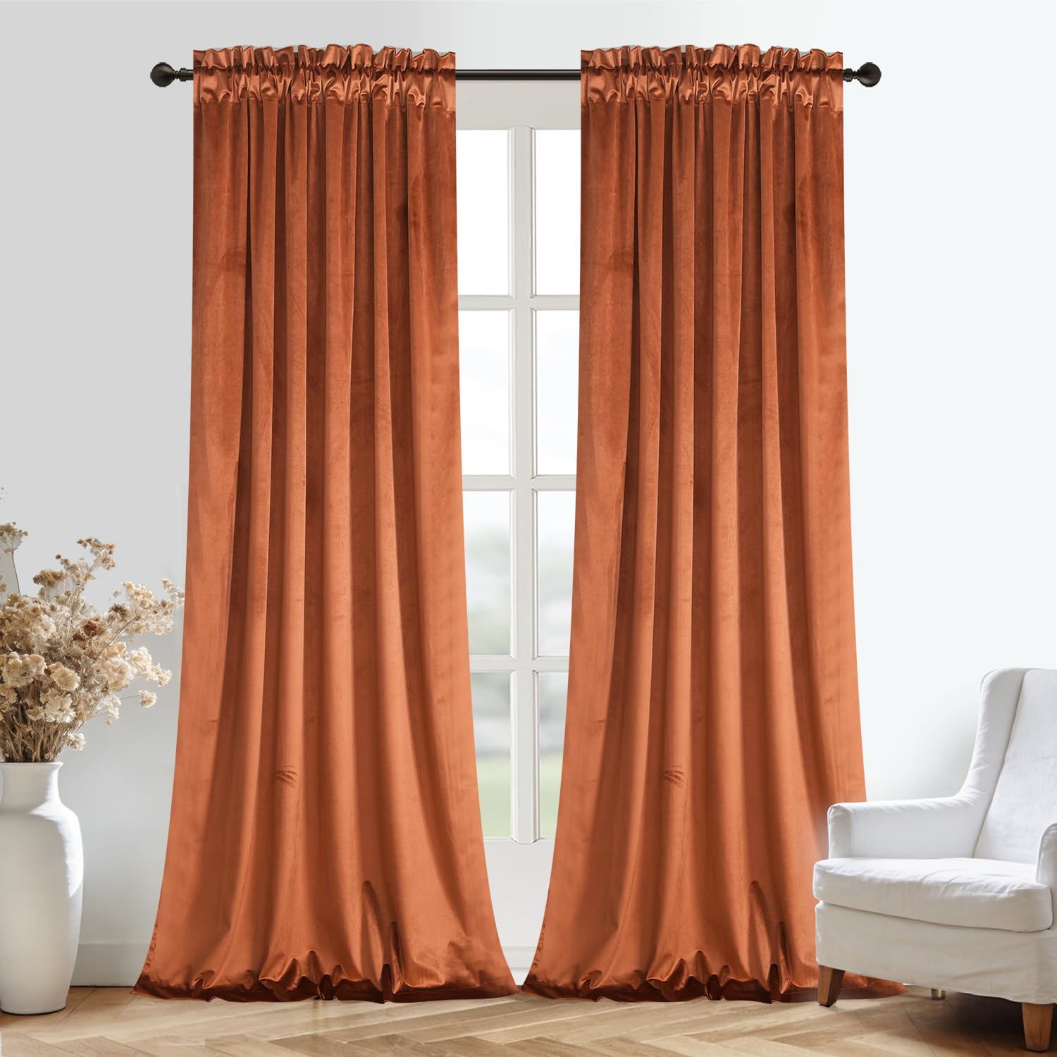Roslynwood Velvet Orange Curtain 84 inches Long - Curtains Block Light Rod Pocket Thermal Insulated Window Drapes Set for Living Room/Bedroom/Kitchen Room, W52 x L84, 2 Panels Image